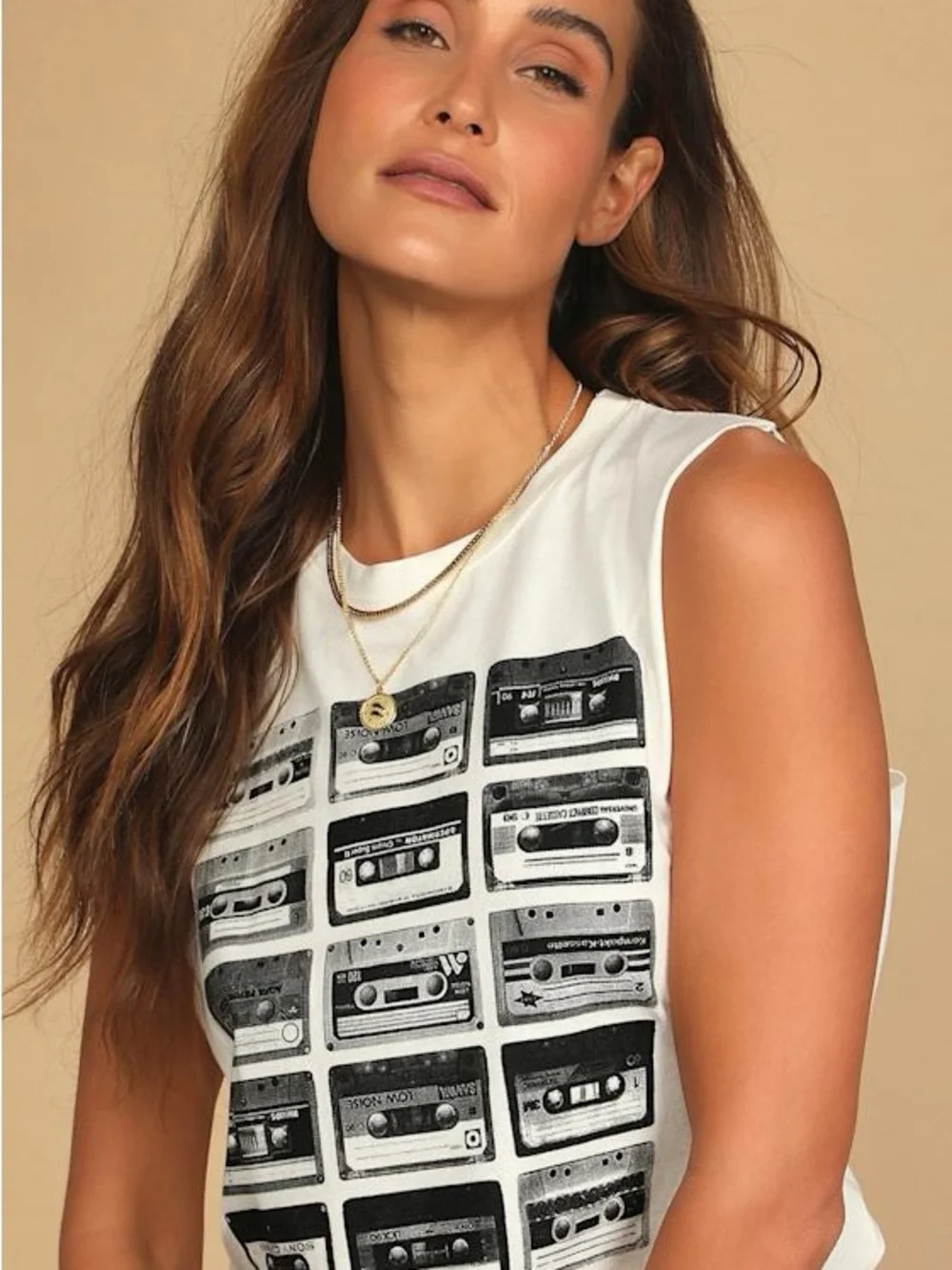 Lulus Cassette White Cropped Graphic Muscle Tank Top - Large - Picture 4 of 7